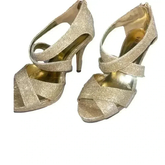 GOLD STRAPPY GLITTER HIGH HEELED SANDALS - Picture 10 of 11